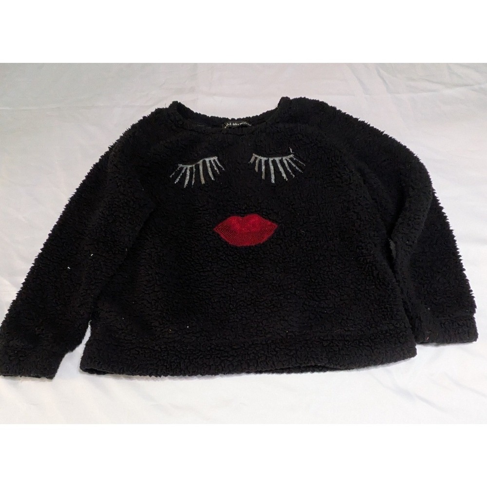 United States Sweaters Sherpa Fleece Women XL Black Excellent Sequin Lips Face